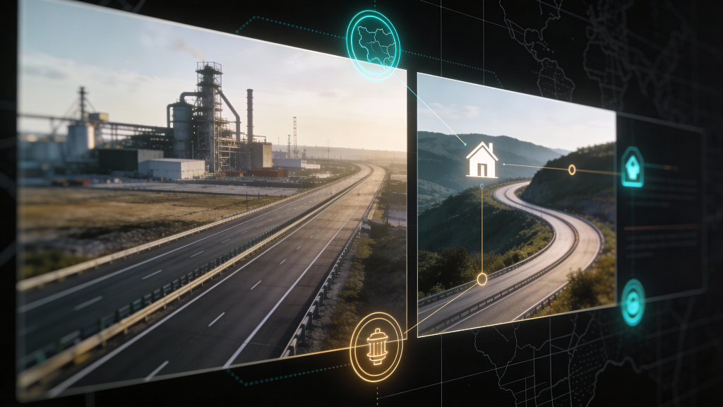 Split screen of industrial highway vs mountain road