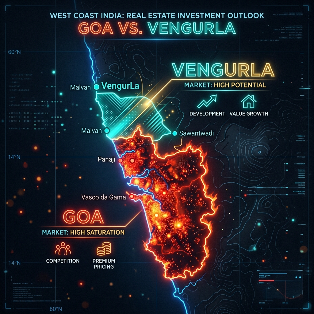 Side-by-side comparison of Vengurla coastline and North Goa beach — second home investment 2026